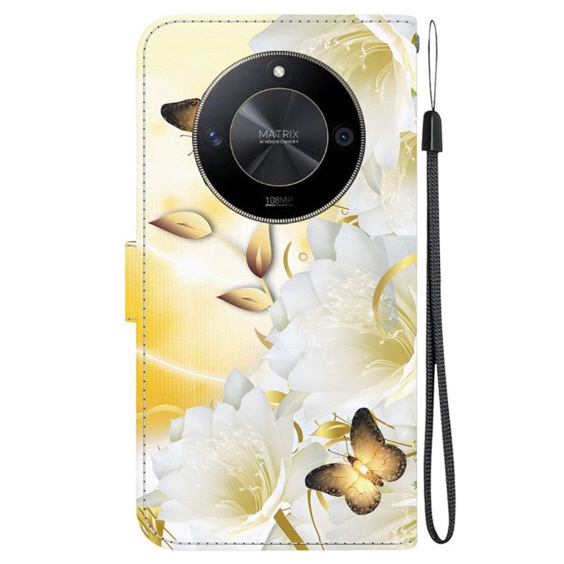 Læder Cover Honor X9b / Magic 6 Lite Telefon Etui Gyldne Sommerfugle Og Hvide Blomster Med Rem