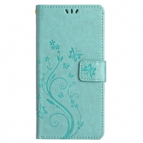 Læder Cover Honor X9b / Magic 6 Lite Telefon Etui Sommerfugle Og Blomster Mønster Med Rem