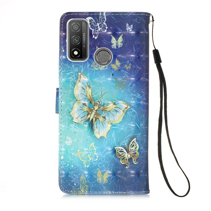 Læder Cover Huawei P Smart 2020 Med Snor Gylden Strap Sommerfugle