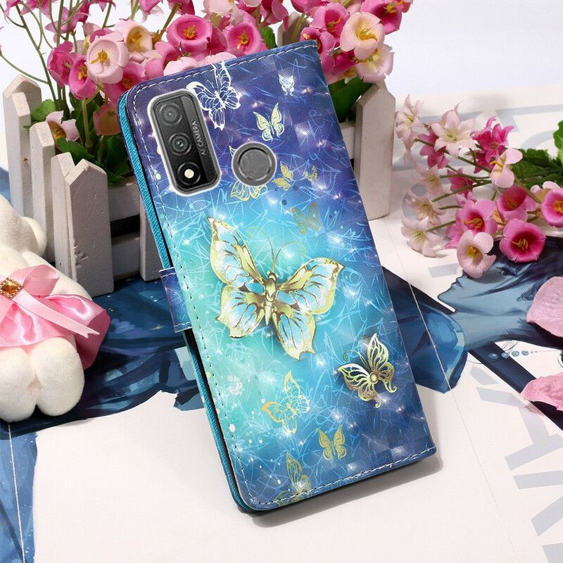 Læder Cover Huawei P Smart 2020 Med Snor Gylden Strap Sommerfugle