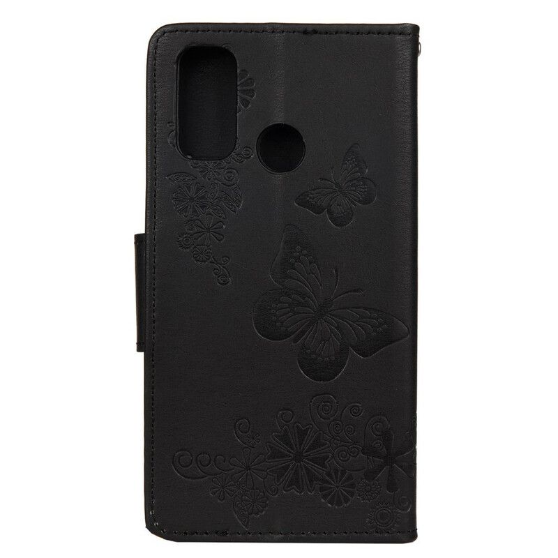 Læder Cover Huawei P Smart 2020 Med Snor Splendid Strap Sommerfugle