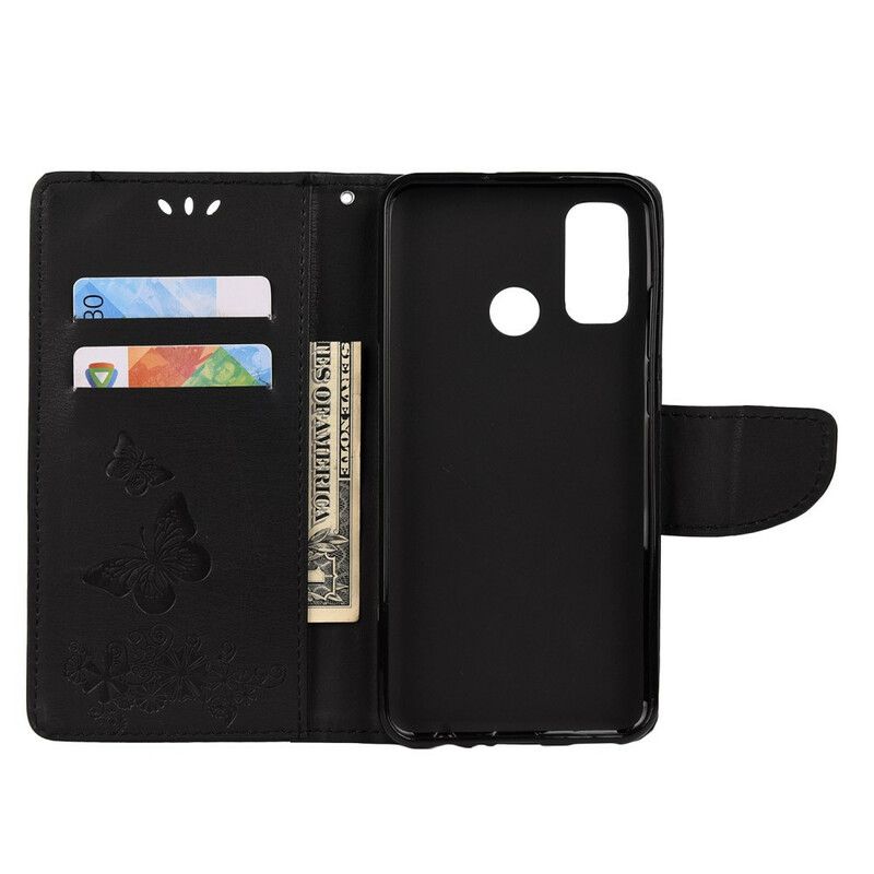 Læder Cover Huawei P Smart 2020 Med Snor Splendid Strap Sommerfugle