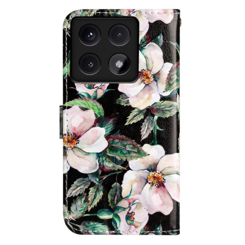 Læder Cover Xiaomi 14t Telefon Etui Stribede Magnoliaer