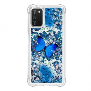 Cover Samsung Galaxy A03s Blå Glitter Sommerfugle