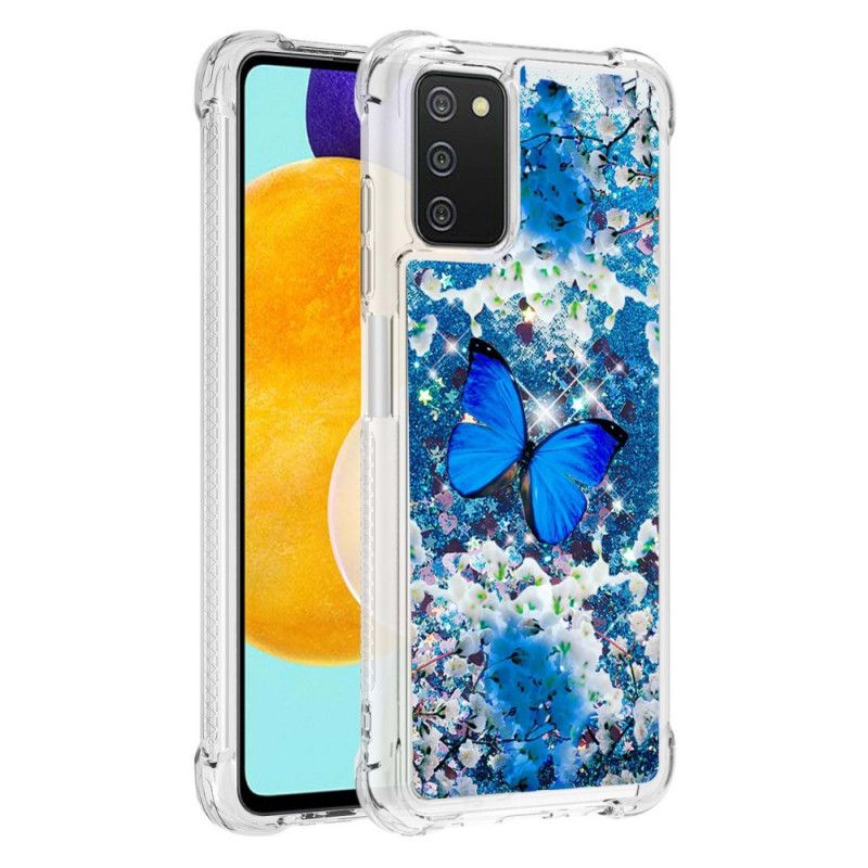 Cover Samsung Galaxy A03s Blå Glitter Sommerfugle