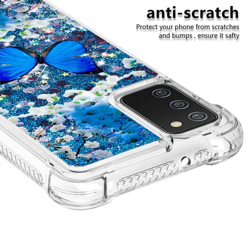 Cover Samsung Galaxy A03s Blå Glitter Sommerfugle