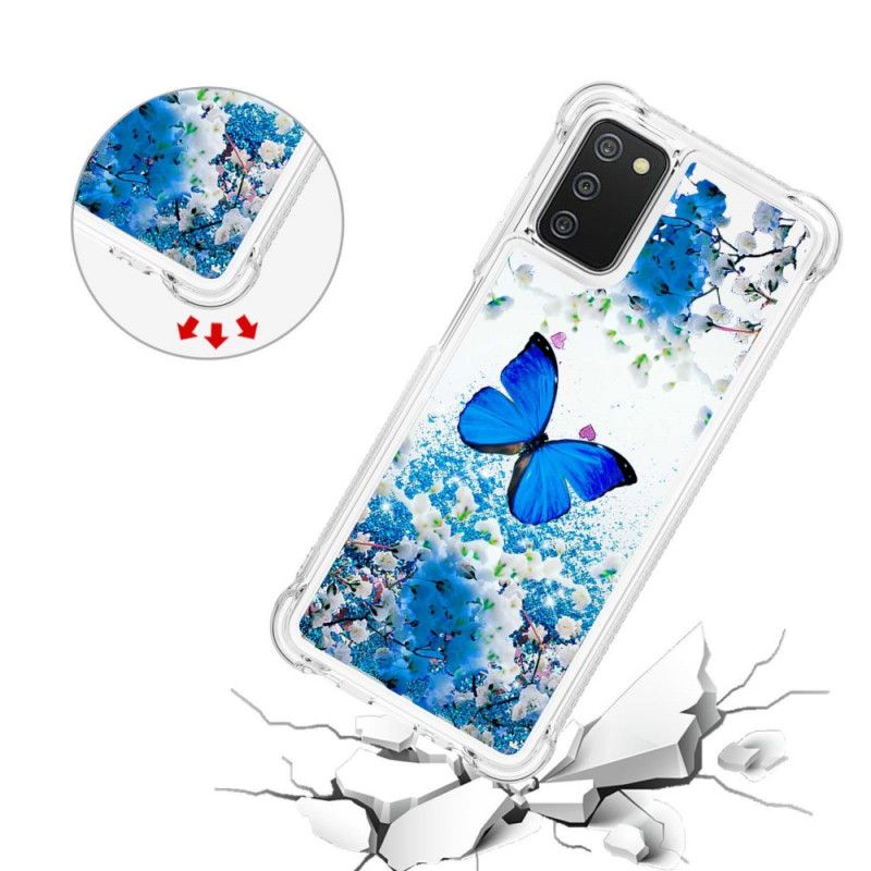 Cover Samsung Galaxy A03s Blå Glitter Sommerfugle