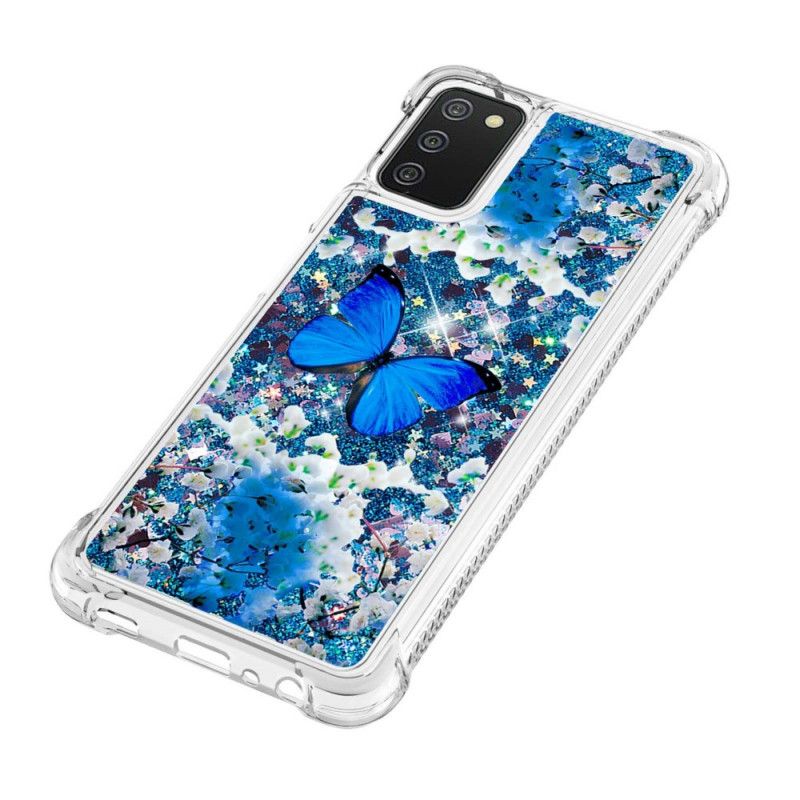 Cover Samsung Galaxy A03s Blå Glitter Sommerfugle