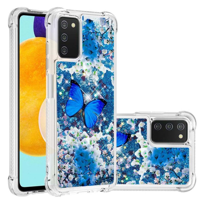 Cover Samsung Galaxy A03s Blå Glitter Sommerfugle