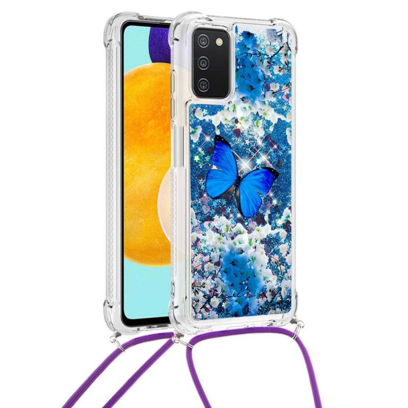 Cover Samsung Galaxy A03s Med Snor Sommerfugle Pailletter Snøre