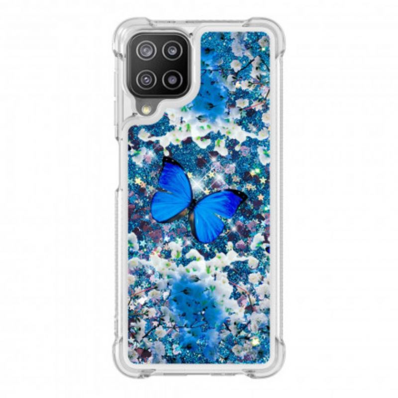 Cover Samsung Galaxy A22 4G Blå Glitter Sommerfugle