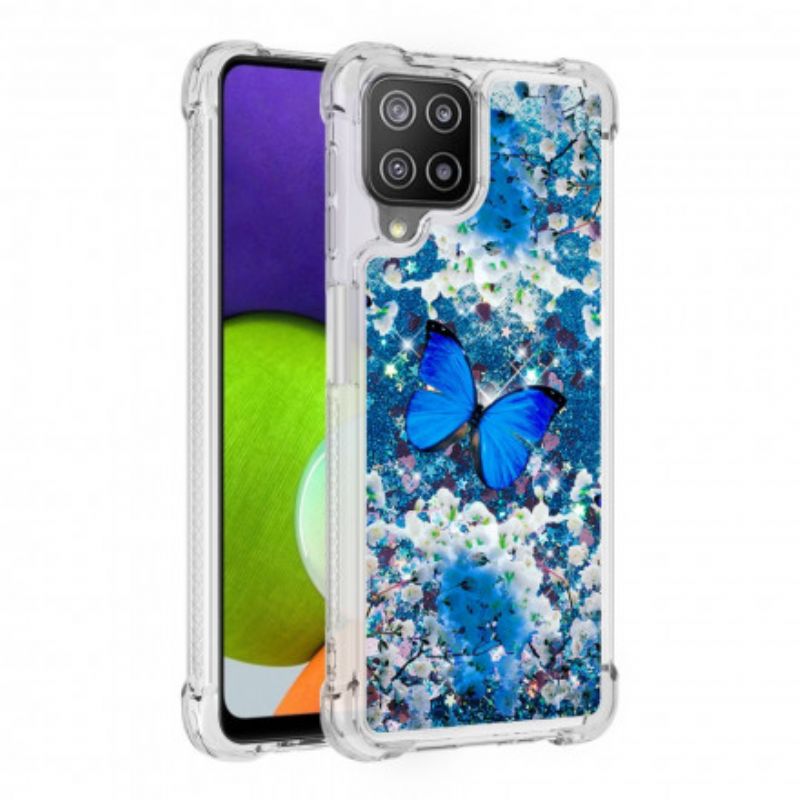 Cover Samsung Galaxy A22 4G Blå Glitter Sommerfugle