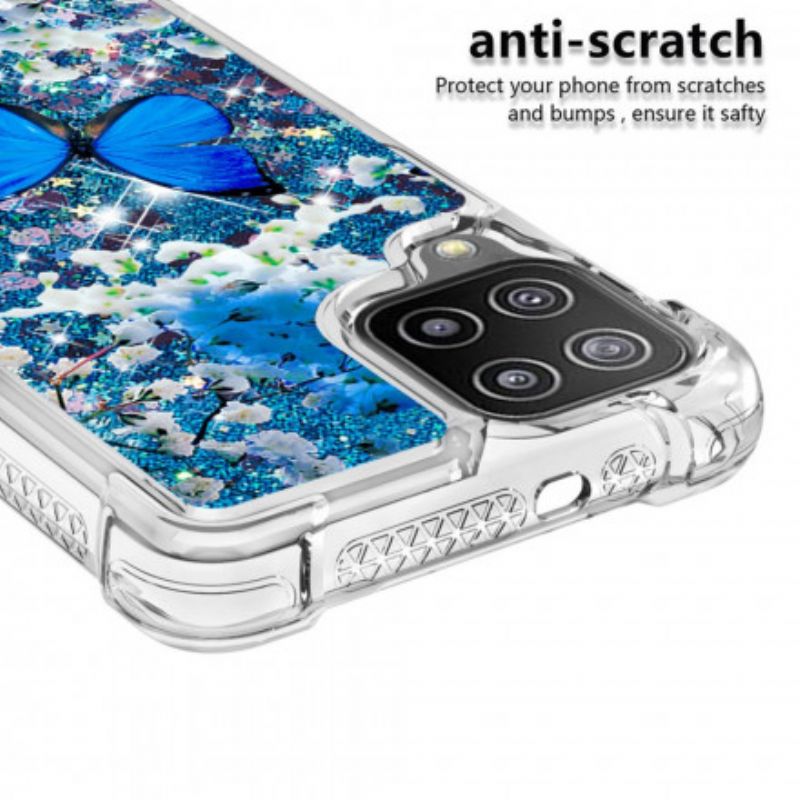 Cover Samsung Galaxy A22 4G Blå Glitter Sommerfugle