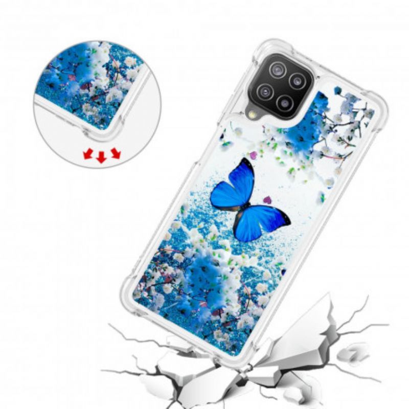 Cover Samsung Galaxy A22 4G Blå Glitter Sommerfugle