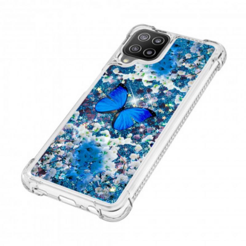 Cover Samsung Galaxy A22 4G Blå Glitter Sommerfugle