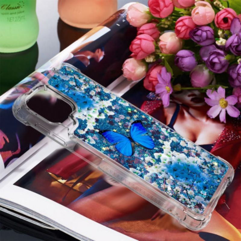 Cover Samsung Galaxy A22 4G Blå Glitter Sommerfugle