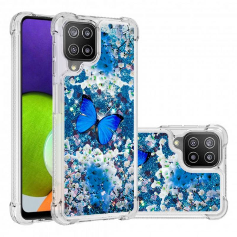 Cover Samsung Galaxy A22 4G Blå Glitter Sommerfugle