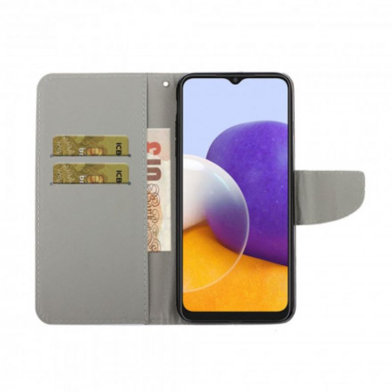 Flip Cover Samsung Galaxy A22 4G Blomster Og Hjerter Med Snor