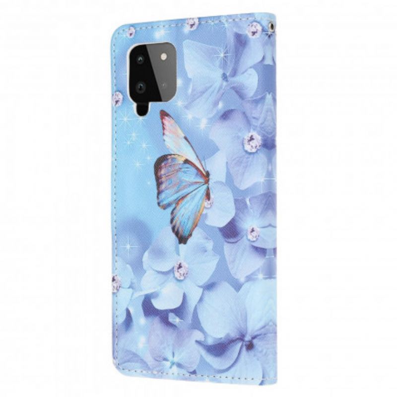 Flip Cover Samsung Galaxy A22 4G Med Snor Diamond Strappy Sommerfugle