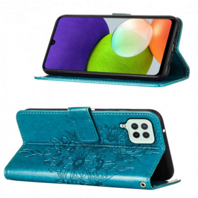 Flip Cover Samsung Galaxy A22 4G Sommerfugledesign Med Snor