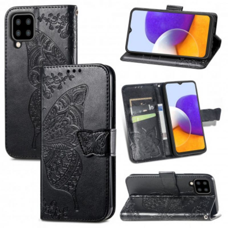 Læder Cover Samsung Galaxy A22 4G Halve Sommerfugle