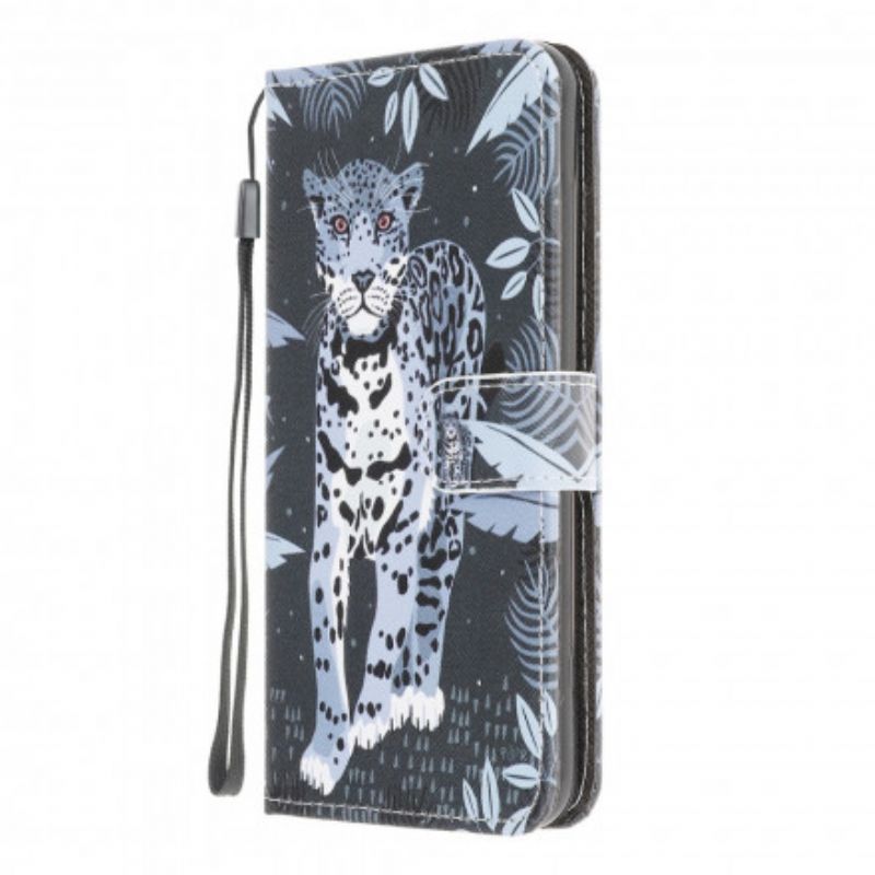 Læder Cover Samsung Galaxy A22 4G Med Snor Thong Leopard