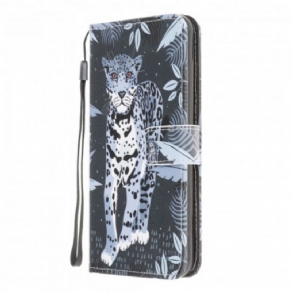 Læder Cover Samsung Galaxy A22 4G Med Snor Thong Leopard