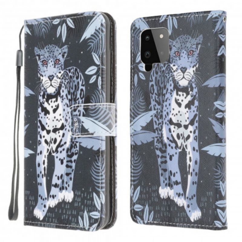 Læder Cover Samsung Galaxy A22 4G Med Snor Thong Leopard