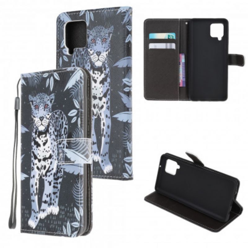 Læder Cover Samsung Galaxy A22 4G Med Snor Thong Leopard