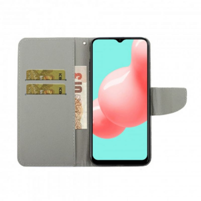 Læder Cover Samsung Galaxy A22 4G Med Snor Variationer Af Sommerfuglestrop