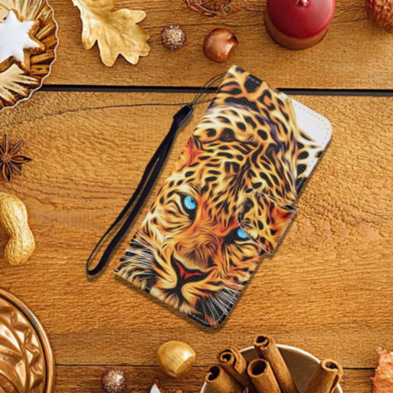 Læder Cover Samsung Galaxy A22 4G Tiger Med Snor