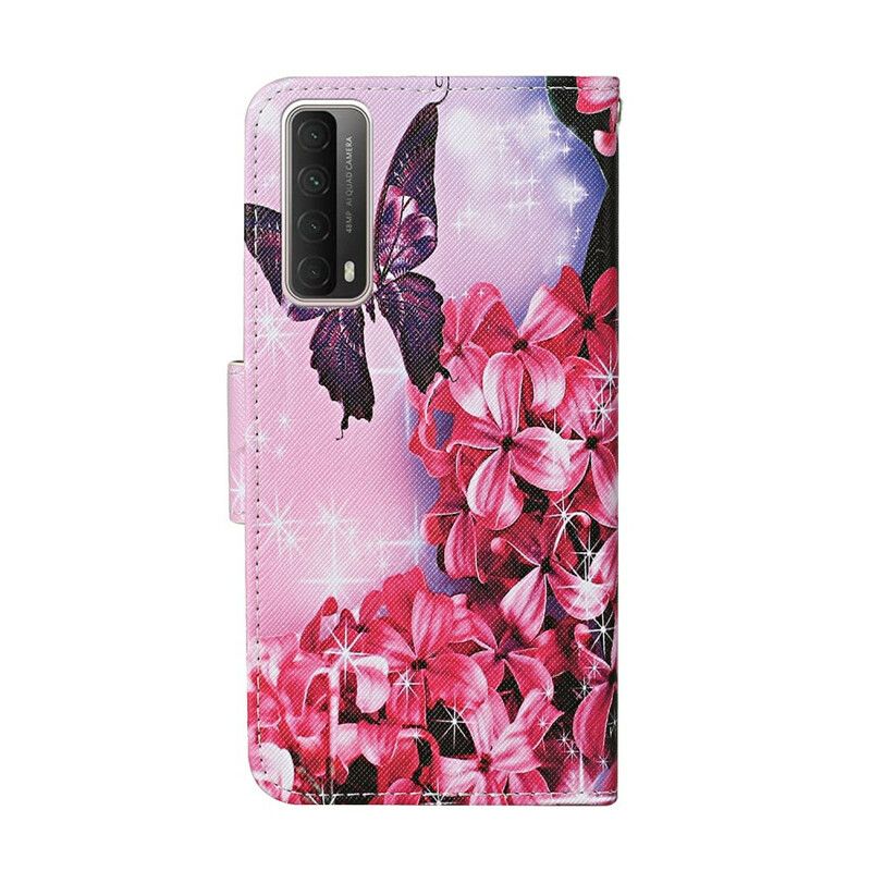 Læder Cover Huawei P Smart 2021 Blomstersommerfugle-rem