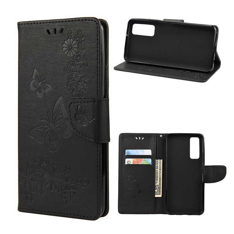 Læder Cover Huawei P Smart 2021 Med Snor Splendid Strap Sommerfugle