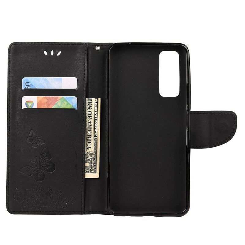 Læder Cover Huawei P Smart 2021 Med Snor Splendid Strap Sommerfugle