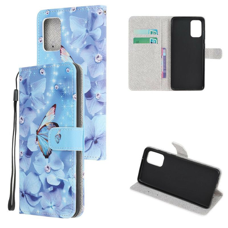 Flip Cover Samsung Galaxy Note 20 Med Snor Sommerfugle Med Diamantrem