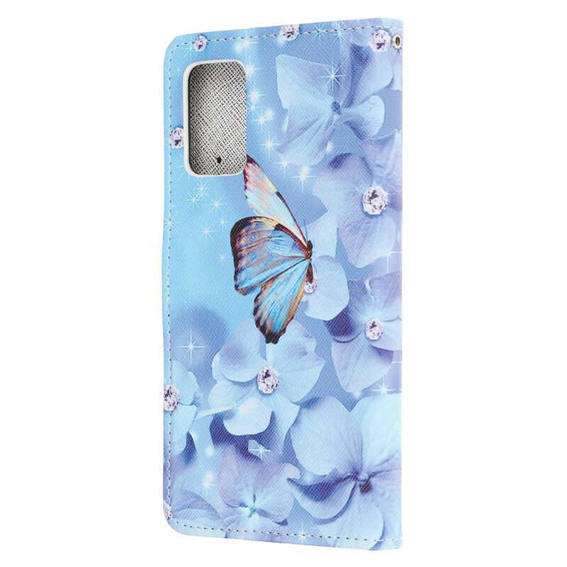 Flip Cover Samsung Galaxy Note 20 Med Snor Sommerfugle Med Diamantrem