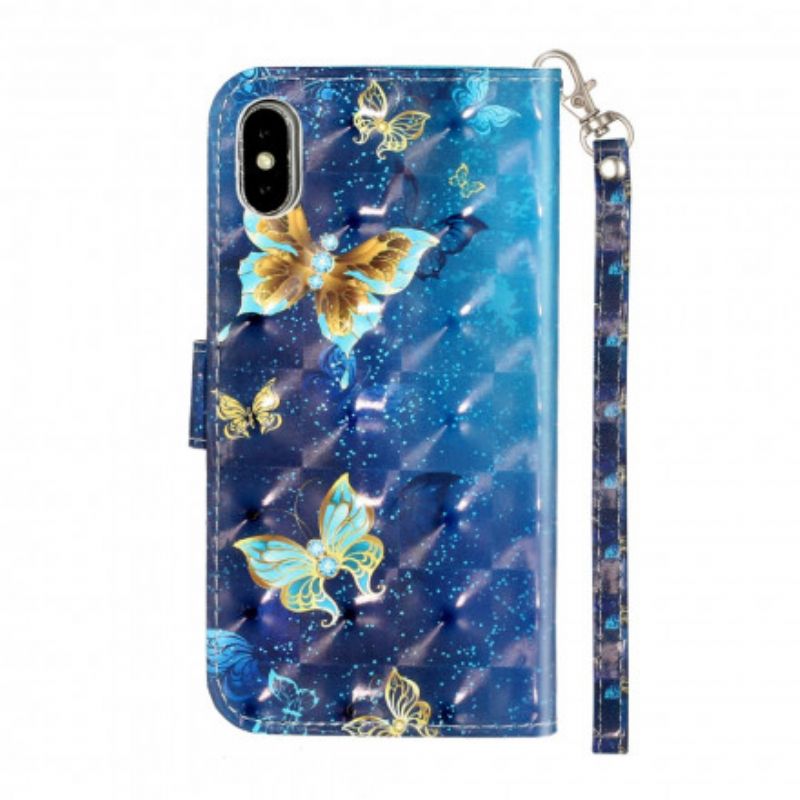 Flip Cover iPhone X / XS Lette Pletsommerfugle Med Snor