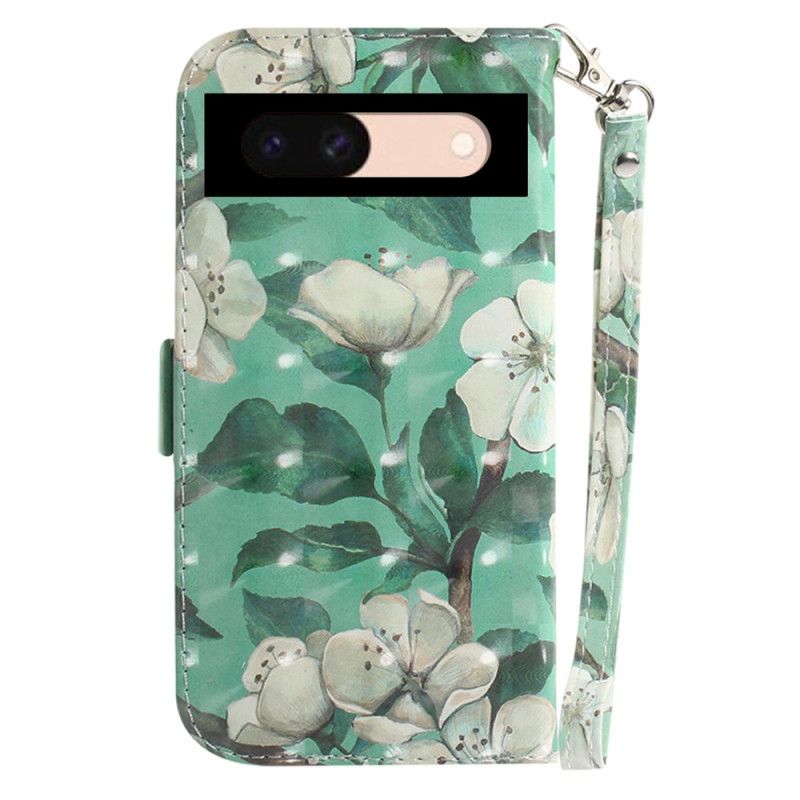 Flip Cover Google Pixel 8a Hvide Blomster Med Rem