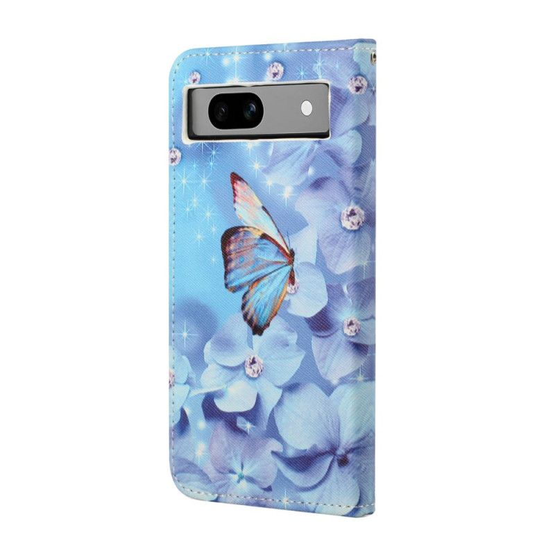 Flip Cover Til Google Pixel 8a Blå Blomster Og Sommerfugle Med Rem