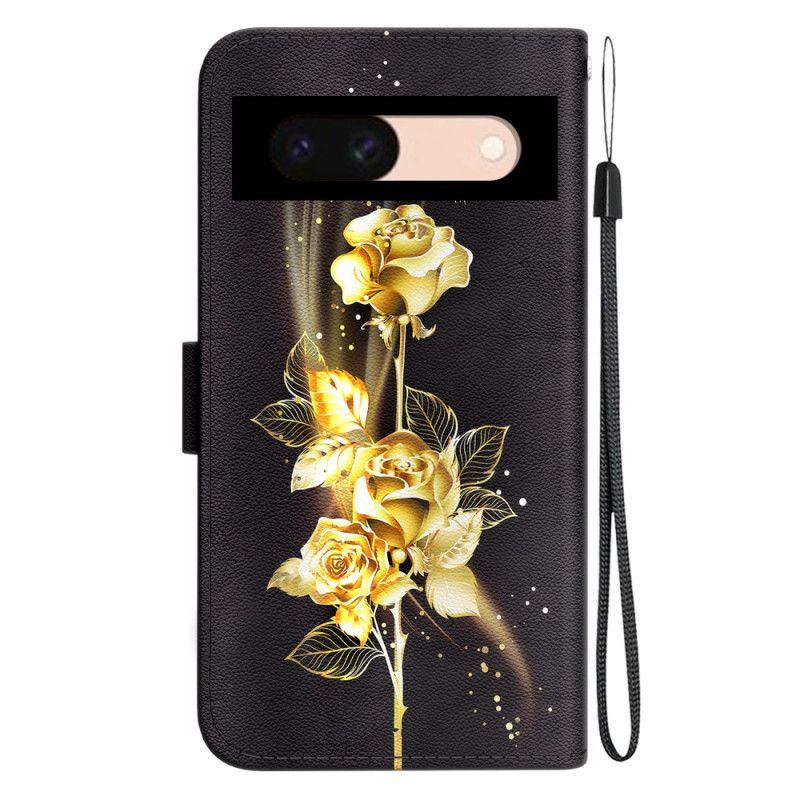 Læder Cover Google Pixel 8a Telefon Etui Guld Og Rose Sommerfugle Med Rem