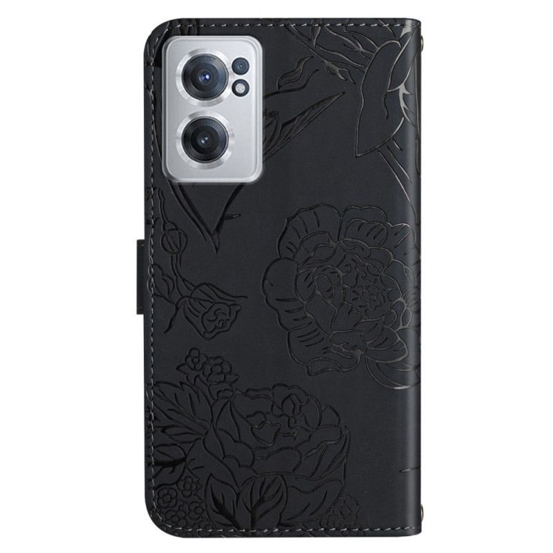 Flip Cover OnePlus Nord CE 2 5G Med Snor Thong Sommerfugle Og Blomster