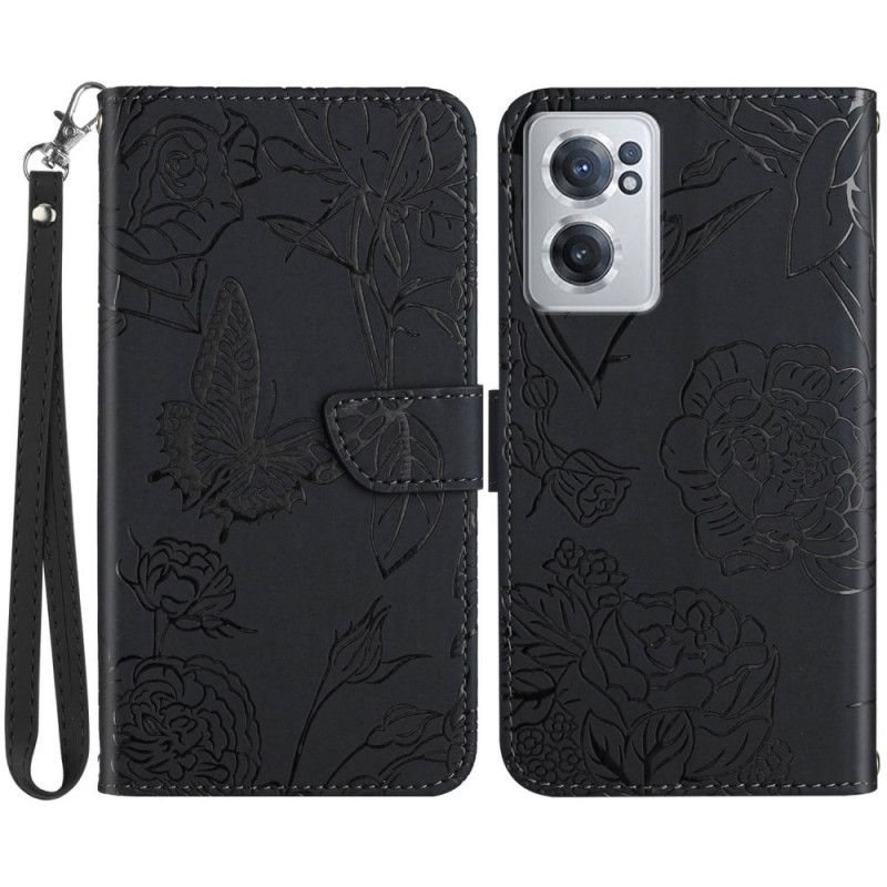 Flip Cover OnePlus Nord CE 2 5G Med Snor Thong Sommerfugle Og Blomster