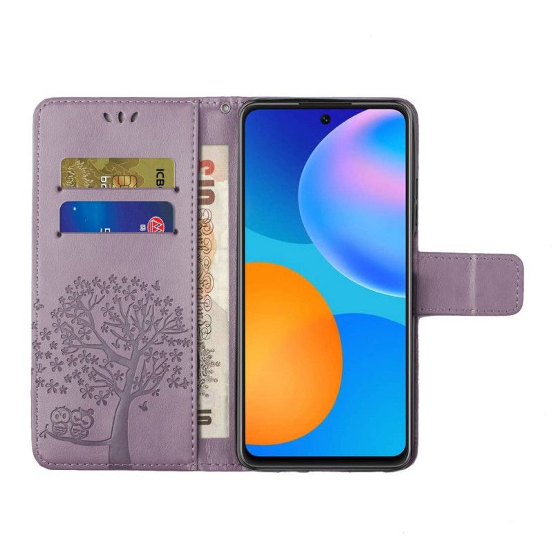 Flip Cover Xiaomi Redmi Note 11 Pro 4G / 5G Med Snor Træ Og Strappy Ugler