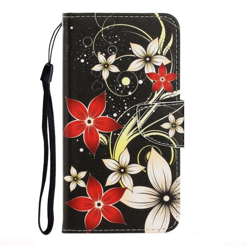 Læder Cover Xiaomi Redmi Note 9 Med Snor Farverige Stropblomster