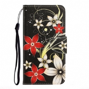 Læder Cover Xiaomi Redmi Note 9 Med Snor Farverige Stropblomster