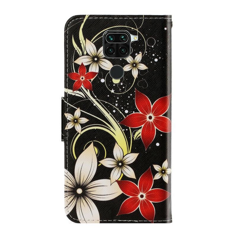 Læder Cover Xiaomi Redmi Note 9 Med Snor Farverige Stropblomster