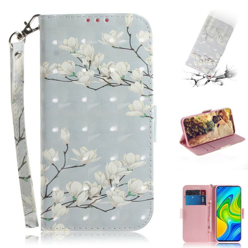 Læder Cover Xiaomi Redmi Note 9 Med Snor Thong Blomstertræ