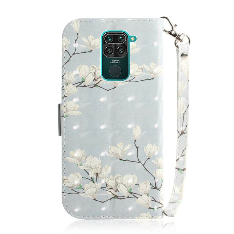 Læder Cover Xiaomi Redmi Note 9 Med Snor Thong Blomstertræ