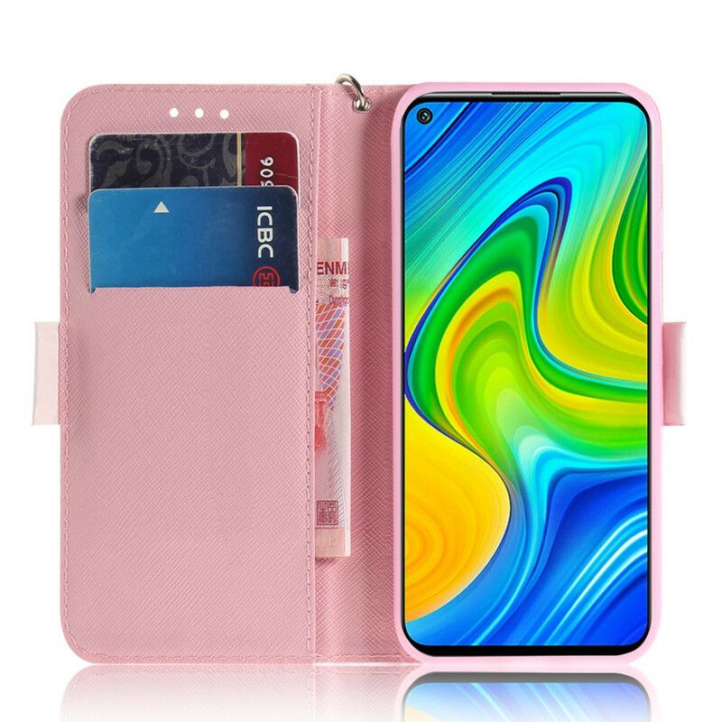 Læder Cover Xiaomi Redmi Note 9 Med Snor Thong Blomstertræ