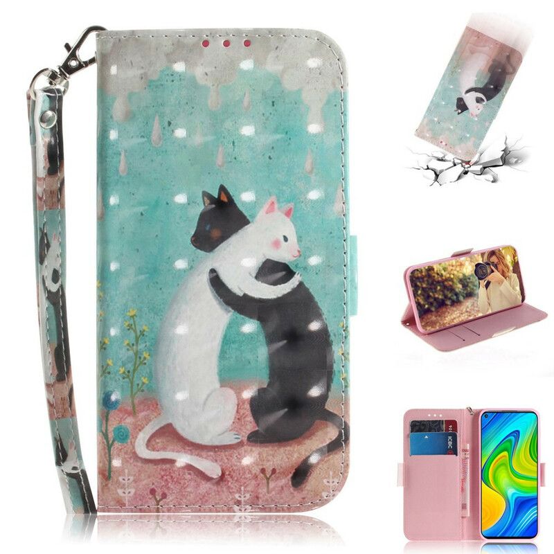 Læder Cover Xiaomi Redmi Note 9 Med Snor Thong Cat Friends